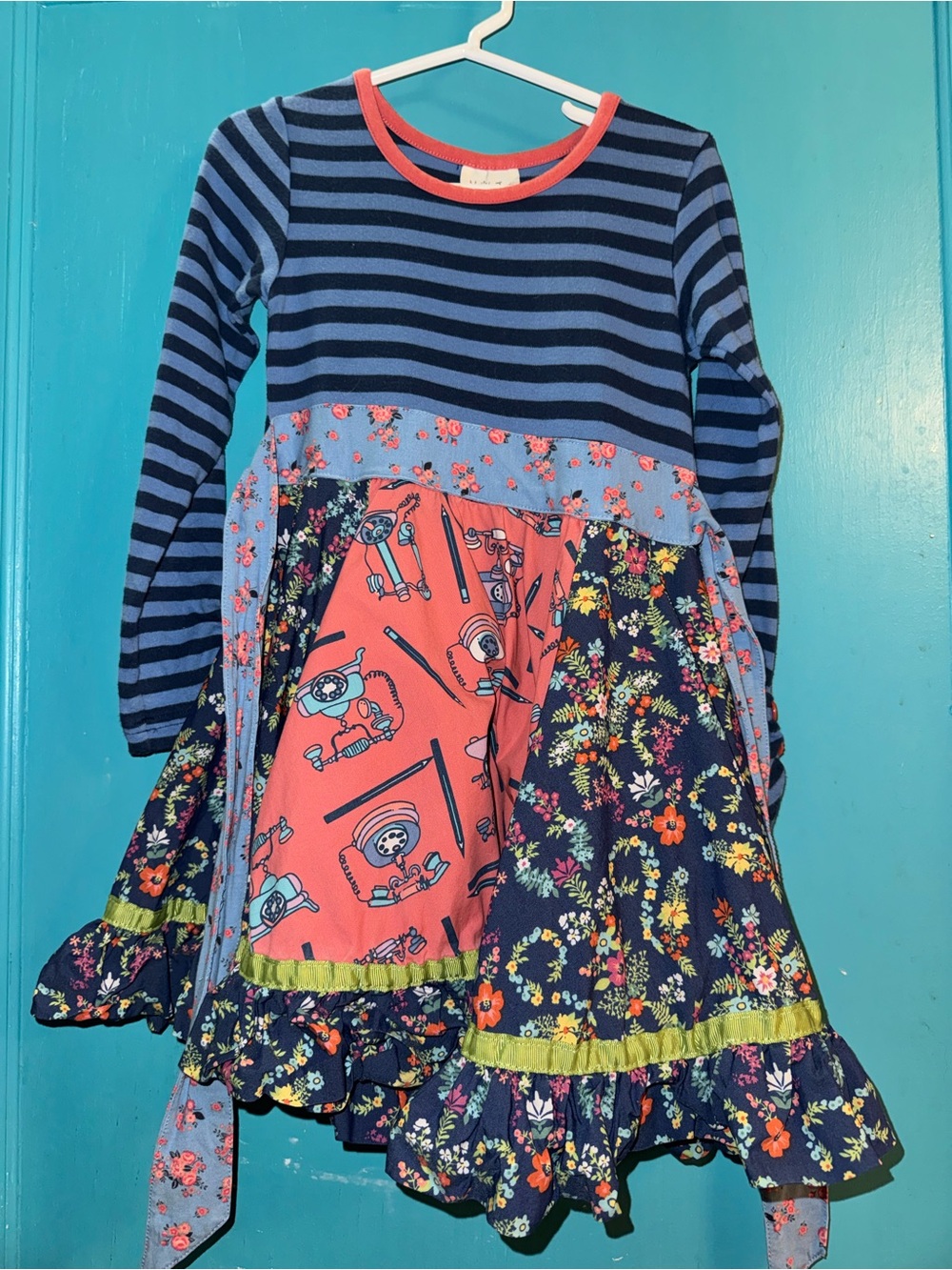 Matilda Jane Navy, Blue & Coral Mixed-Print Long Sleeve Dress